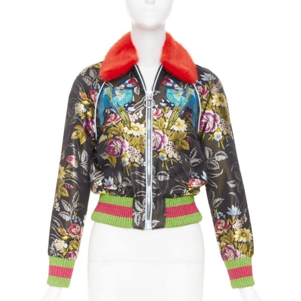 Gucci floral jacquard mink fur collar bomber jacket